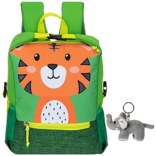 Fabrizio Rucksack Kinder Jungen Mädchen PET Recycling Kinderrucksack Katze, Tiger oder Hund Kindergartenrucksack + Elefant-Anhänger (Tiger Tom) von Fabrizio