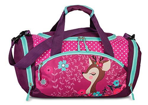 Sporttasche Kinder Reisetasche Umhängetasche mit süßem REH Rehkitz Blumen für Mädchen & Jungen - 14,2 Liter - 35 x 22 x 18,5 cm, lila/pink/türkis von Fabrizio