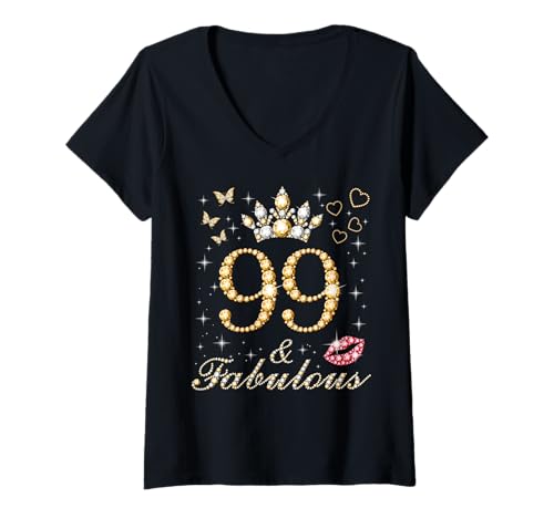 Damen 99 & Fabulous 99. Geburtstag, 99 Jahre alt und fabelhafte Königin T-Shirt mit V-Ausschnitt Damen 99 & Fabulous 99. Geburtstag, 99 Jahre alt und fabelhafte Königin T-Shirt mit V-Ausschnitt von Fabulous Queens Birthday Party Adorable Tees