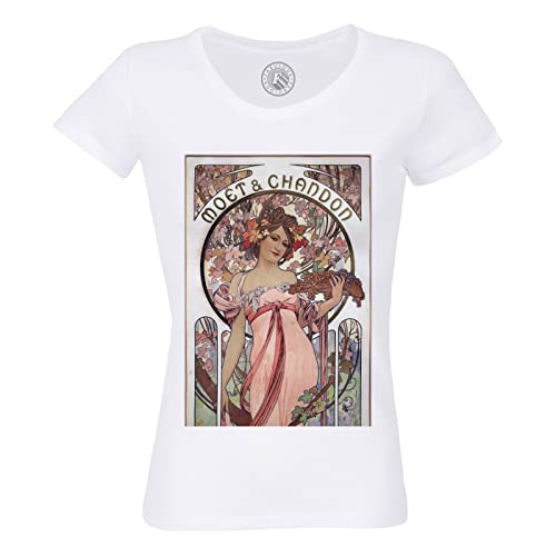 Rundhals-T-Shirt aus Bio-Baumwolle für Damen Anzeige Champagner Alfons Mucha Moderner Stil Jahrgang 1899 von Fabulous