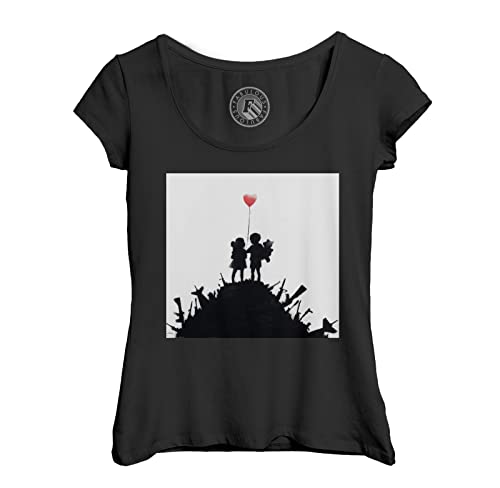 Rundhals-T-Shirt aus Bio-Baumwolle für Damen Banksy Krieg Kinder Roter Ballon Waffe von Fabulous