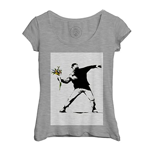 Rundhals-T-Shirt aus Bio-Baumwolle für Damen Banksy Rage The Flower Thrower Fleurs Street Art Graffiti Blumen von Fabulous