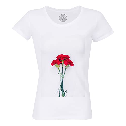 Rundhals-T-Shirt aus Bio-Baumwolle für Damen DREI rote Nelken auf weißem Hintergrund Blumen Natur Land von Fabulous