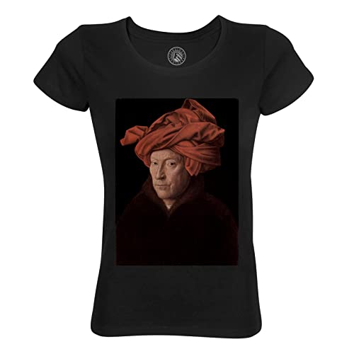 Rundhals-T-Shirt aus Bio-Baumwolle für Damen Gemälde von Van Eyck Mann mit rotem Turban Künstler Kunst von Fabulous