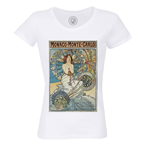 Rundhals-T-Shirt aus Bio-Baumwolle für Damen Monaco Monte Carlo Alfons Mucha Moderner Stil Kneipe Vintage von Fabulous