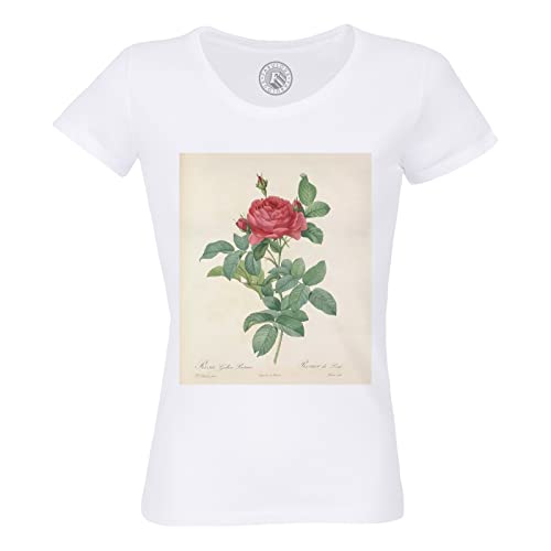 Rundhals-T-Shirt aus Bio-Baumwolle für Damen Rose Antike botanische Illustration Blumen von Fabulous