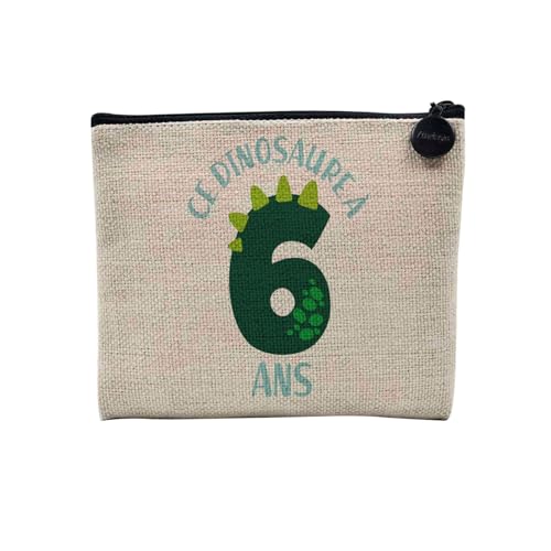 Tasche aus Leinen – Geburtstag Kinder Feier Geschenkidee Geburtstag Französisches Geschenk Jahre 1-10 – Kosmetiktasche aus Leinen in Leinenoptik – Kulturbeutel – Geldbörse, Dinosaurier 6, 15 x 10 cm, von Fabulous