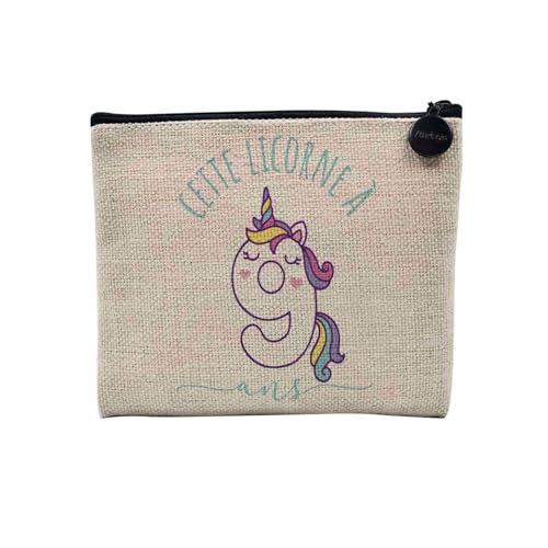 Tasche aus Leinen – Geburtstag Kinder Feier Geschenkidee Geburtstag Französisches Geschenk Jahre 1-10 – Kosmetiktasche aus Leinen in Leinenoptik – Kulturbeutel – Geldbörse, Einhorn 9, 15 x 10 cm, von Fabulous
