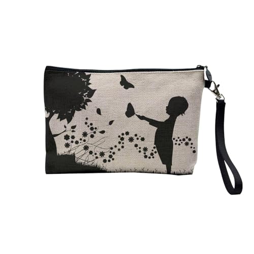 Tasche aus Leinen – Kinder-Silhouette und Schmetterlinge in einer vorgeblümten Zeichnung – Kosmetiktasche aus Leinen in Leinenoptik – Geldbörse – 15 x 10 cm, leinen, 23.5 x 15 cm, Kosmetiktasche von Fabulous