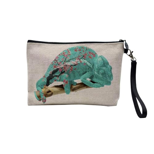 Tasche aus Leinen – Kollektion Creation Surrealistische Collage Art Surrealismus Skulptur Humor Ästhetik – Kosmetiktasche aus Leinen in Leinenoptik – Kulturbeutel – Geldbörse, Chameleon, 23.5 x 15 cm, von Fabulous