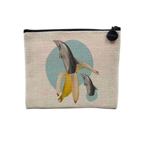 Tasche aus Leinen – Kollektion Creation Surrealistische Collage Art Surrealismus Skulptur Humor Ästhetik – Kosmetiktasche aus Leinen in Leinenoptik – Kulturbeutel – Geldbörse, Delfin Banane, 15 x 10 von Fabulous