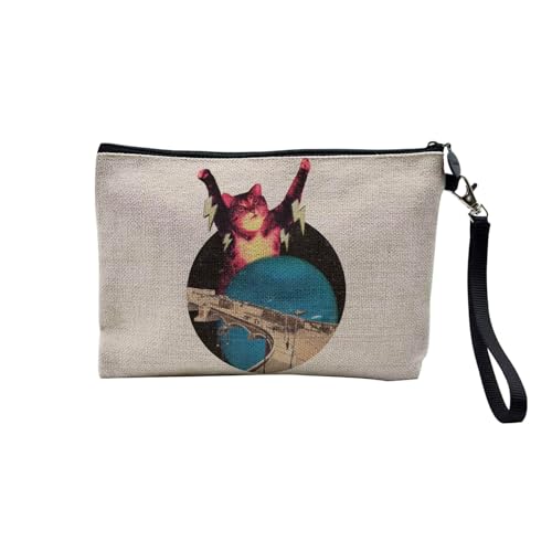 Tasche aus Leinen – Kollektion Creation Surrealistische Collage Art Surrealismus Skulptur Humor Ästhetik – Kosmetiktasche aus Leinen in Leinenoptik – Kulturbeutel – Geldbörse, Katze Destroyer, 23.5 x von Fabulous