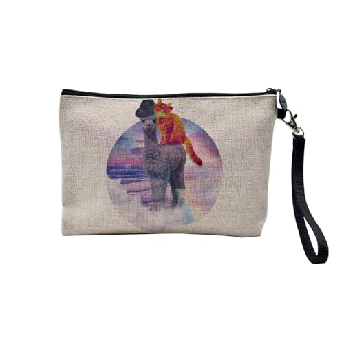 Tasche aus Leinen – Kollektion Creation Surrealistische Collage Art Surrealismus Skulptur Humor Ästhetik – Kosmetiktasche aus Leinen in Leinenoptik – Kulturbeutel – Geldbörse, Katze Lama, 23.5 x 15 von Fabulous