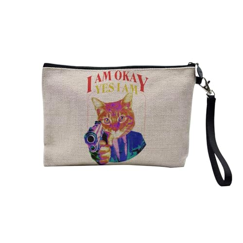 Tasche aus Leinen – Kollektion Creation Surrealistische Collage Art Surrealismus Skulptur Humor Ästhetik – Kosmetiktasche aus Leinen in Leinenoptik – Kulturbeutel – Geldbörse, Katze Pistole, 23.5 x 15 von Fabulous