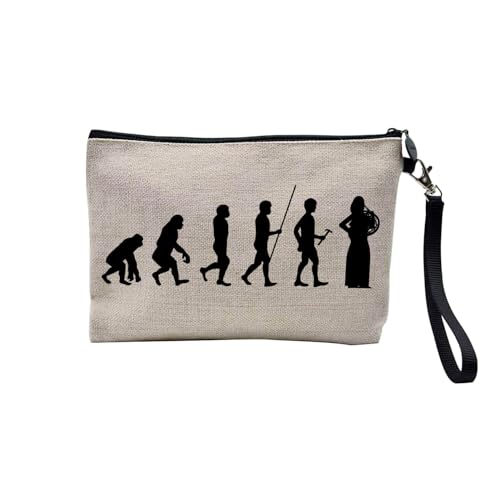 Tasche aus Leinen – Kollektion Parodie Evolution des Mannes Leidenschaft Sport Freizeit Musikinstrument Musik – Kosmetiktasche aus Leinen in Leinenoptik – Kulturbeutel – Geldbörse, Französisches Horn, von Fabulous