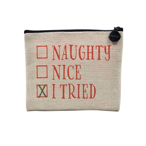 Tasche aus Leinen – Kollektion Weihnachten Vintage Retro Zeichnung Illustration Foto Pere Weihnachten Weihnachtsbaum Dekoration – Kosmetiktasche aus Leinen – Kulturbeutel – Geldbörse, I Tried, 15 x 10 von Fabulous