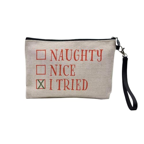 Tasche aus Leinen – Kollektion Weihnachten Vintage Retro Zeichnung Illustration Foto Pere Weihnachten Weihnachtsbaum Dekoration – Kosmetiktasche aus Leinen – Kulturbeutel – Geldbörse, I Tried, 23.5 x von Fabulous