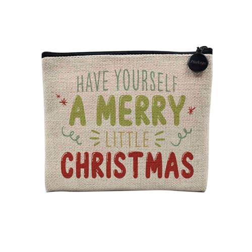 Tasche aus Leinen – Kollektion Weihnachten Vintage Retro Zeichnung Illustration Foto Pere Weihnachten Weihnachtsbaum Dekoration – Kosmetiktasche aus Leinen – Kulturbeutel – Geldbörse, Merry, 15 x 10 von Fabulous