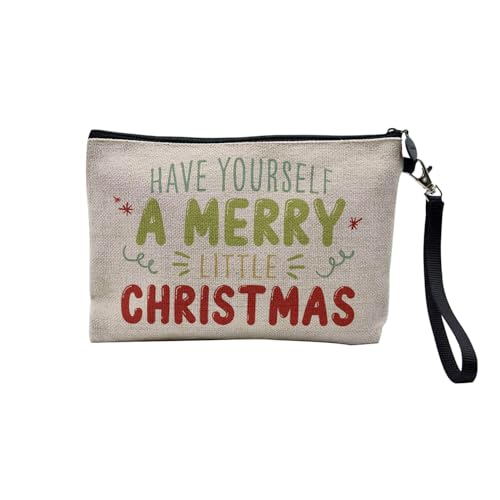 Tasche aus Leinen – Kollektion Weihnachten Vintage Retro Zeichnung Illustration Foto Pere Weihnachten Weihnachtsbaum Dekoration – Kosmetiktasche aus Leinen – Kulturbeutel – Geldbörse, Merry, 23.5 x 15 von Fabulous