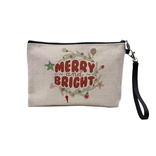 Tasche aus Leinen – Kollektion Weihnachten Vintage Retro Zeichnung Illustration Foto Pere Weihnachten Weihnachtsbaum Dekoration – Kosmetiktasche aus Leinen – Kulturbeutel – Geldbörse, Merry & Bright, von Fabulous