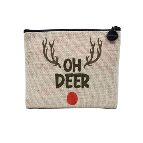 Tasche aus Leinen – Kollektion Weihnachten Vintage Retro Zeichnung Illustration Foto Pere Weihnachten Weihnachtsbaum Dekoration – Kosmetiktasche aus Leinen – Kulturbeutel – Geldbörse, Oh Deer, 15 x 10 von Fabulous