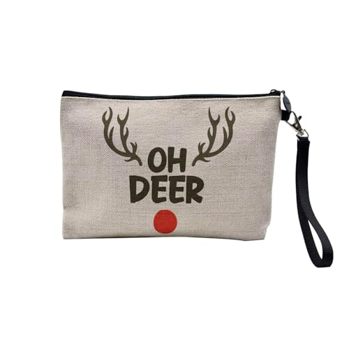 Tasche aus Leinen – Kollektion Weihnachten Vintage Retro Zeichnung Illustration Foto Pere Weihnachten Weihnachtsbaum Dekoration – Kosmetiktasche aus Leinen – Kulturbeutel – Geldbörse, Oh Deer, 23.5 x von Fabulous