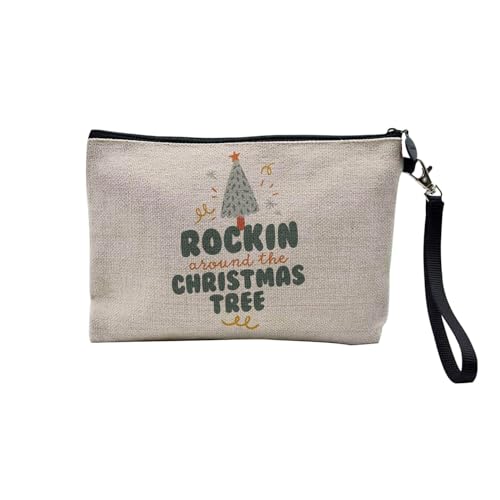 Tasche aus Leinen – Kollektion Weihnachten Vintage Retro Zeichnung Illustration Foto Pere Weihnachten Weihnachtsbaum Dekoration – Kosmetiktasche aus Leinen – Kulturbeutel – Geldbörse, Rocking Xmas, von Fabulous