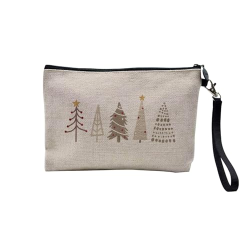 Tasche aus Leinen – Kollektion Weihnachten Vintage Retro Zeichnung Illustration Foto Pere Weihnachten Weihnachtsbaum Dekoration – Kosmetiktasche aus Leinen – Kulturbeutel – Geldbörse, Weihnachtsbäume, von Fabulous
