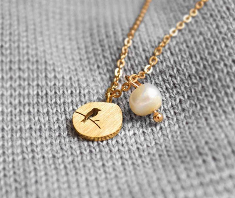 Vogelkette Mit Perle - Goldfarben Edelstahl Schlicht von FabulousFunkys