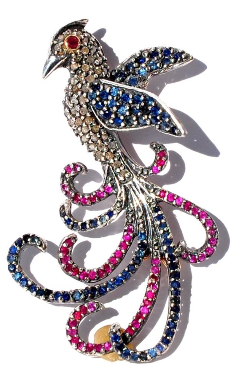 Vintage 14Kt Gold Und Silber Victorian Blau Saphir Rubin Diamant Vogel Brosche von FabulousJewelsInc