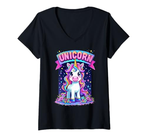 Damen Magisches Einhorn - süßes Kawaii Fantasy Design T-Shirt mit V-Ausschnitt Damen Magisches Einhorn - süßes Kawaii Fantasy Design T-Shirt mit V-Ausschnitt von FabulousKeepsakes