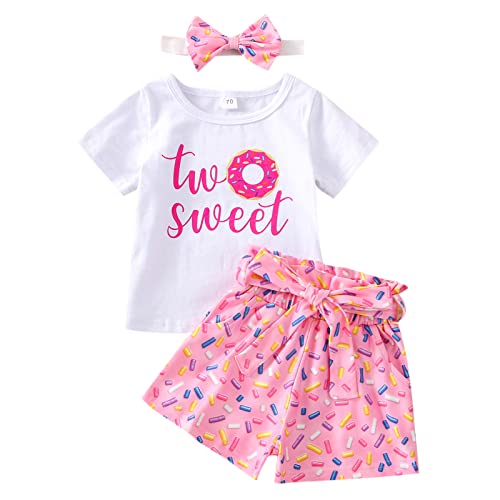 Fabumily Baby Mädchen Geburtstag Outfit Kleinkind Baby 1. 2. süß Strampler Shirt Donut Shorts/Schlaghose Hose Stirnband Set (Two Sweet- Shorts, 24-30 Monate) von Fabumily