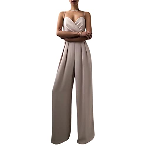 Fabumily Damen Sommer V-Ausschnitt Spaghettiträger Jumpsuit Hohe Taille Breites Bein Plissee Lange Hose Lässige Club Strampler mit Taschen (Pink, Small) von Fabumily