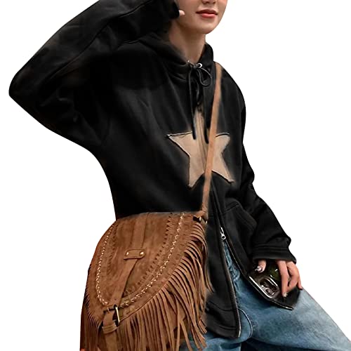 Fabumily Damen Y2k Zip Up Hoodies Vintage Graphic Langarm Sweatshirt 2022 Ästhetische Grunge Star Print Jacken Streetwear (A-Black, X-Large) von Fabumily