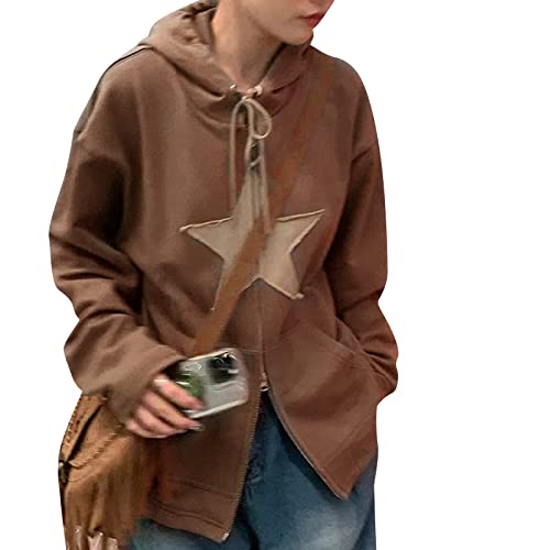 Fabumily Damen Y2k Zip Up Hoodies Vintage Graphic Langarm Sweatshirt 2022 Ästhetische Grunge Star Print Jacken Streetwear (A-Brown, Large) von Fabumily