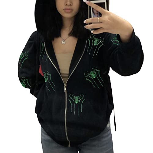 Fabumily Herren Damen Kapuzenpullover mit Reißverschluss, Y2k, übergroßes Spider-Print-Kapuzen-Grafik-Sweatshirt, dünne ästhetische Herbstjacken (A-Black Green Spider, M) von Fabumily