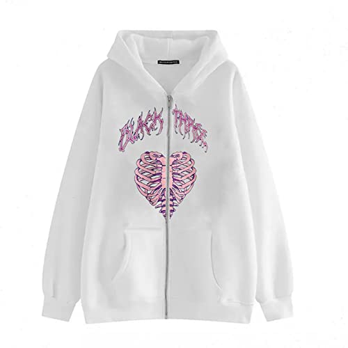 Fabumily Herren Damen Skeleton Zip Up Hoodie Y2k Strass Übergroßes Kapuzen-Grafik-Sweatshirt Dünne Gothic-Ästhetik-Jacken (D-White Heart, M) von Fabumily