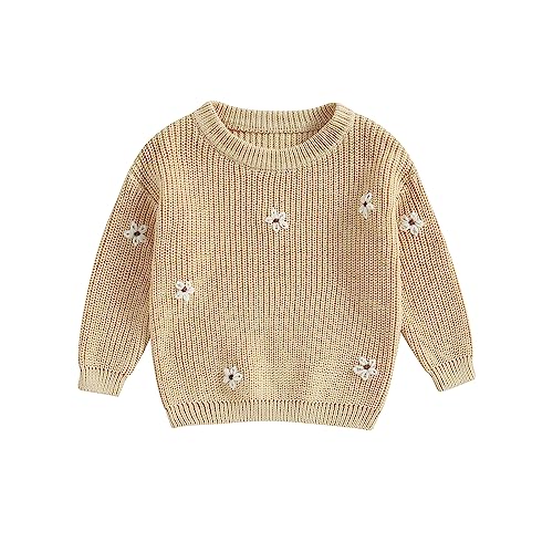 Fabumily Kleinkind Kleinkind Baby Mädchen Strickpullover Grobstrick Langarm Blumenstickerei Pullover Sweatshirt Warme Herbst Winterkleidung (Floral-Beige, 12-18 Months) von Fabumily