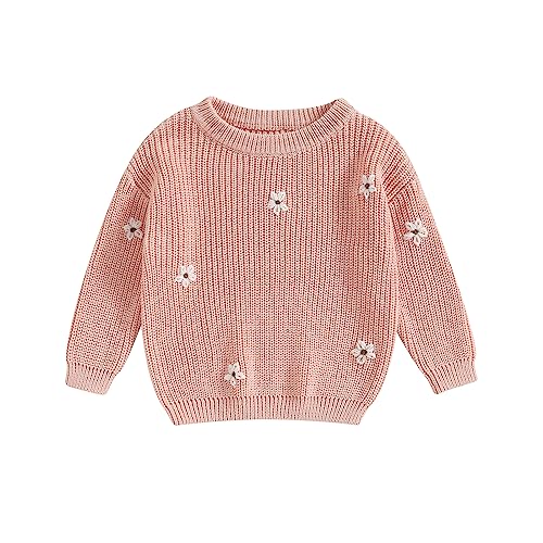 Fabumily Kleinkind Kleinkind Baby Mädchen Strickpullover Grobstrick Langarm Blumenstickerei Pullover Sweatshirt Warme Herbst Winterkleidung (Floral-Pink, 12-18 Months) von Fabumily