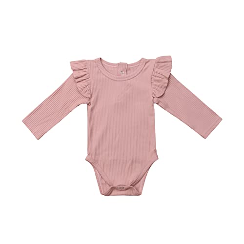 Fabumily Neugeborenes Baby Mädchen Kleidung Baumwolle Rüschen Ärmel Strampler Body Overall Tops Säuglings Herbst Winter Outfit (Rosa, 12-18 Monate) von Fabumily