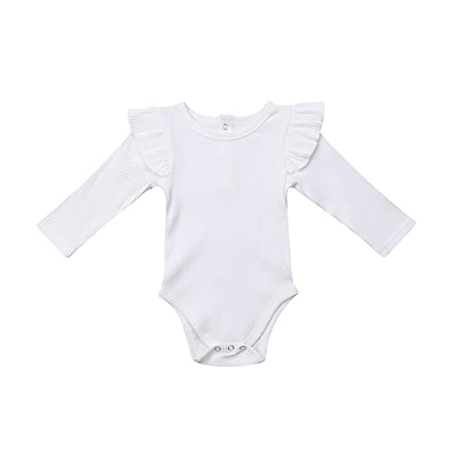 Neugeborenes Baby Mädchen Kleidung Baumwolle Rüschen Ärmel Strampler Body Overall Tops Säuglings Herbst Winter Outfit (Weiß, 6-12 Monate) von Fabumily