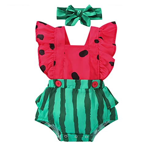 Fabumily Neugeborenes Baby Mädchen Strampler Sommer Fliegen Ärmel Wassermelone Druck Bodysuit Stirnband Säuglingsmädchen Kleidung Set (Red, 6-12 Months) von Fabumily