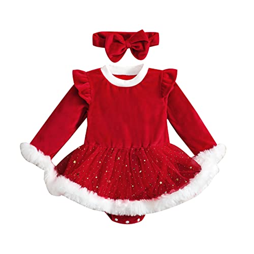 Fabumily Neugeborenes Baby Mädchen Weihnachten Strampler Kleid Rüschen Ärmel Samt/Plaid Tutu Kleid Bodysuit Stirnband (Red-Christmas Velvet Romper Dress, 0-6 Months) von Fabumily