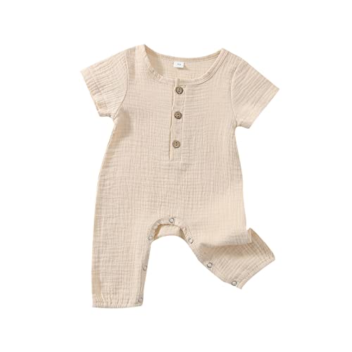 Fabumily Unisex Neugeborenes Baby Boy Girl Basic Plain Strampler Kurzarm Baumwolle Leinen Overall Body Sommer Kleidung (Beige, 6-12 Monate) von Fabumily