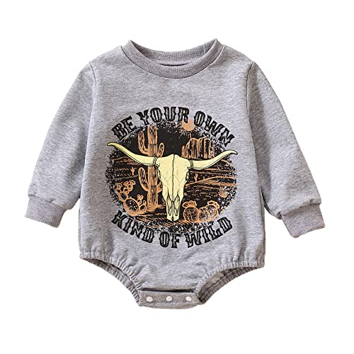 Fabumily Western Neugeborenes Baby Jungen Mädchen Kleidung Kuh Print Sweatshirt Strampler Übergroßer Langarm Bodysuit Herbst Winter Outfit (Gray-Be Your Own Kind of Wild, 3-6 Months) von Fabumily