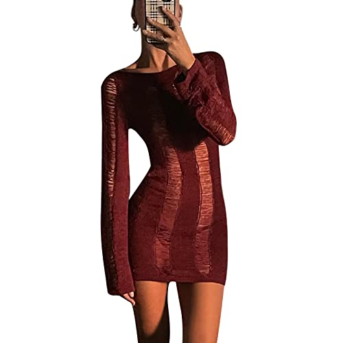 Fabumily Women Crochet Knit Dress Long Sleeve Backless Hollow Out Bodycon Mini Dress Casual Cover Up Sweater Dress Streetwear (A-Wine Red, Medium) von Fabumily