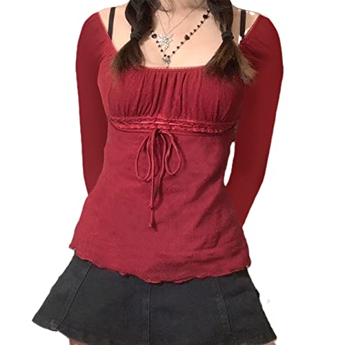 Fairy Grunge Shirts für Frauen Y2K Tops Langarm Spitze Patchwork T-Shirts Teenager Mädchen Vintage Slim Bluse Herbstkleidung (C2- Wine Red, S) von Fabumily