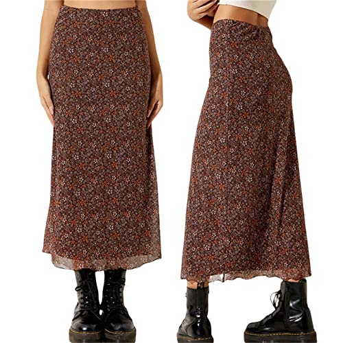 Frauen Y2k Blumendruck Langer Rock Vintage Boho Elastische Hohe Taille Bodycon Maxi Röcke Retro E Girl Streetwear (Brown, Large) von Fabumily