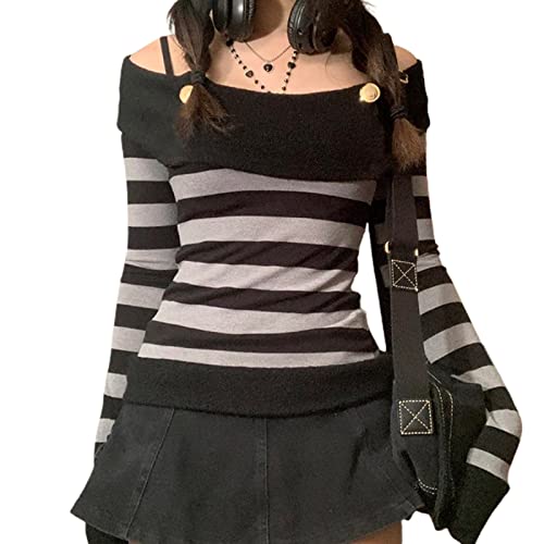 Frauen Y2k Fee Grunge Grafik T-Shirts Vintage Langarm Crop Top Harajuku Ästhetische T-Shirts Shirts Teen Girls (Black# Stripe Print, M) von Fabumily