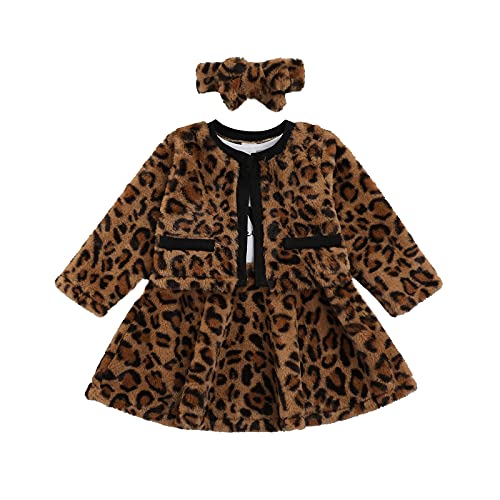 Säuglingsbabykleidung Kleinkind Langarm Leopard Strickjacke Mantel Partykleid Tutu Rock Set mit Stirnband Herbst Winter Outfits (A-Leopard, 9-12 Months) von Fabumily